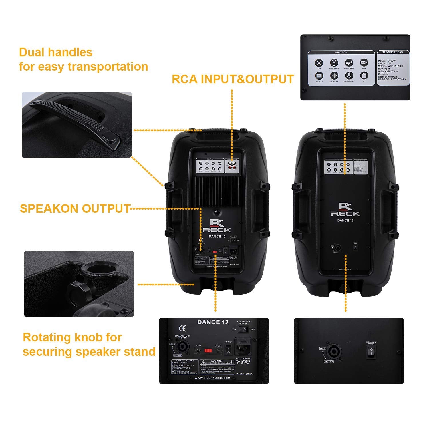 RECK DC 12 Portable 12-Inch 1000 Watts 2-Way Powered Dj/PA Speaker System Combo Set with Bluetooth/USB/SD Card Reader/FM Radio/R